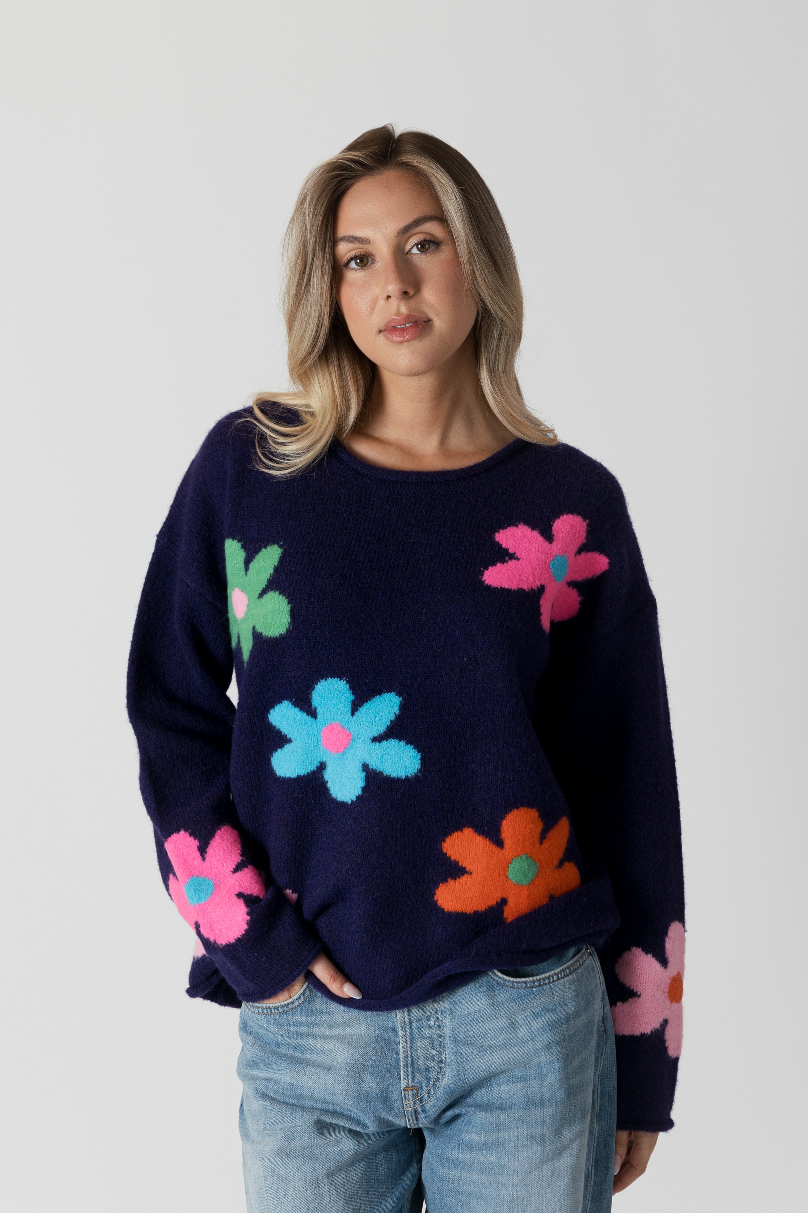 model wearing lyla &amp; luxe jodi multicolour flower print sweater, front view