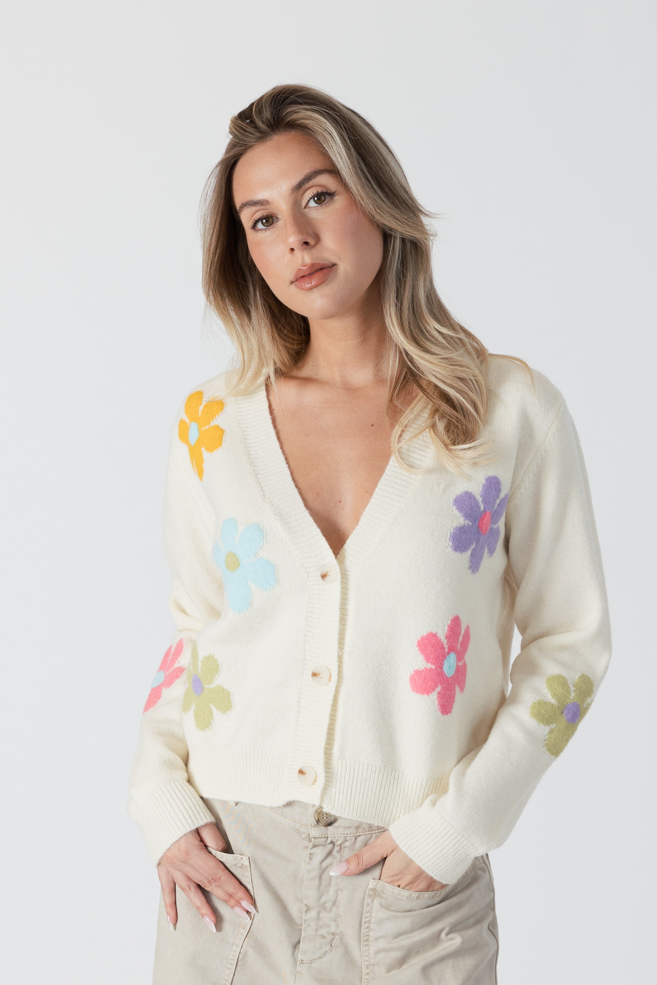 model wearing jolene button front floral print cardi from lyla &amp; luxe, front view 