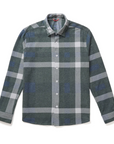 grey shirt with large exaggerated plaid print