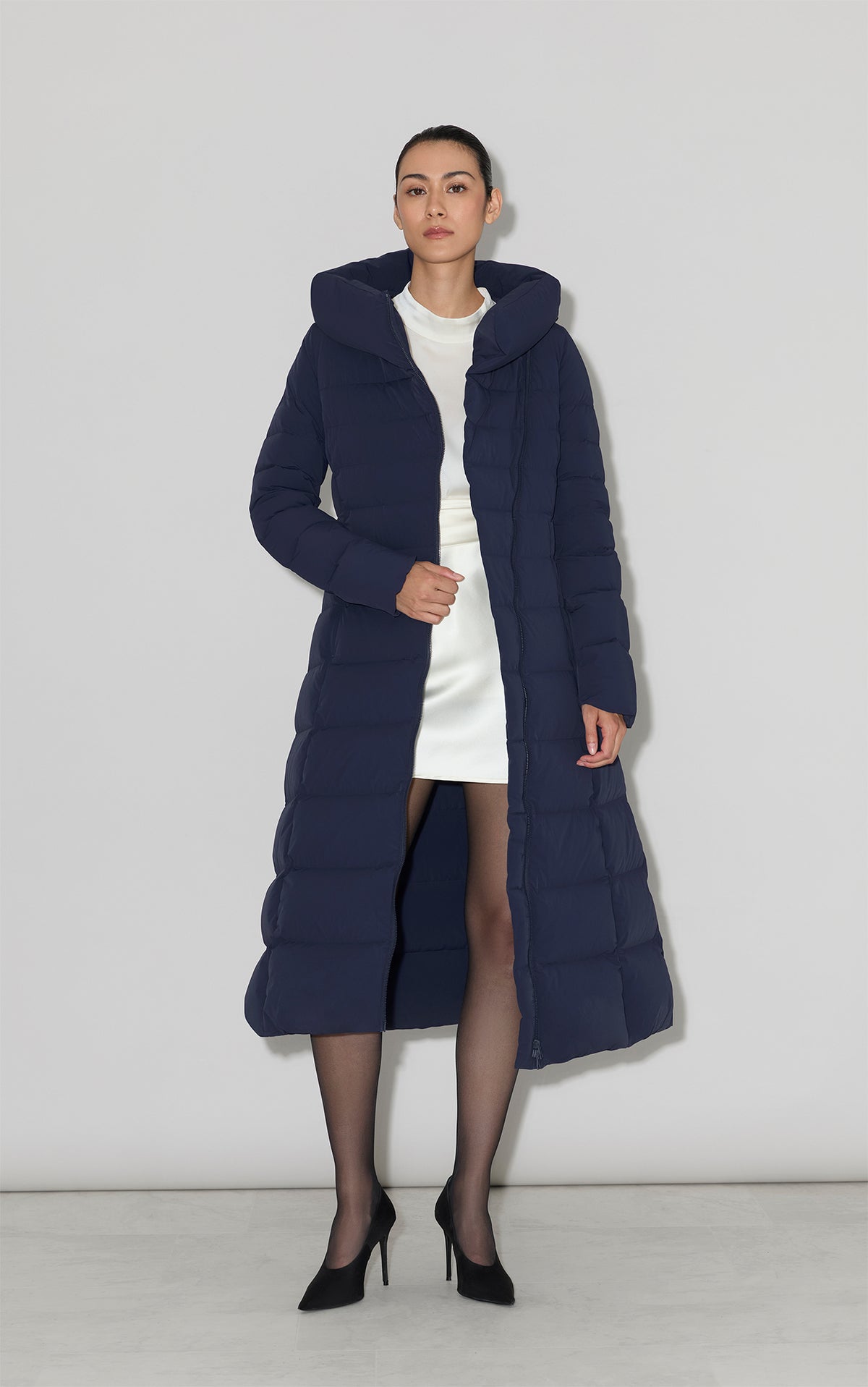 JUDY-L ASYMMETRIC STRETCH DOWN MAXI COAT