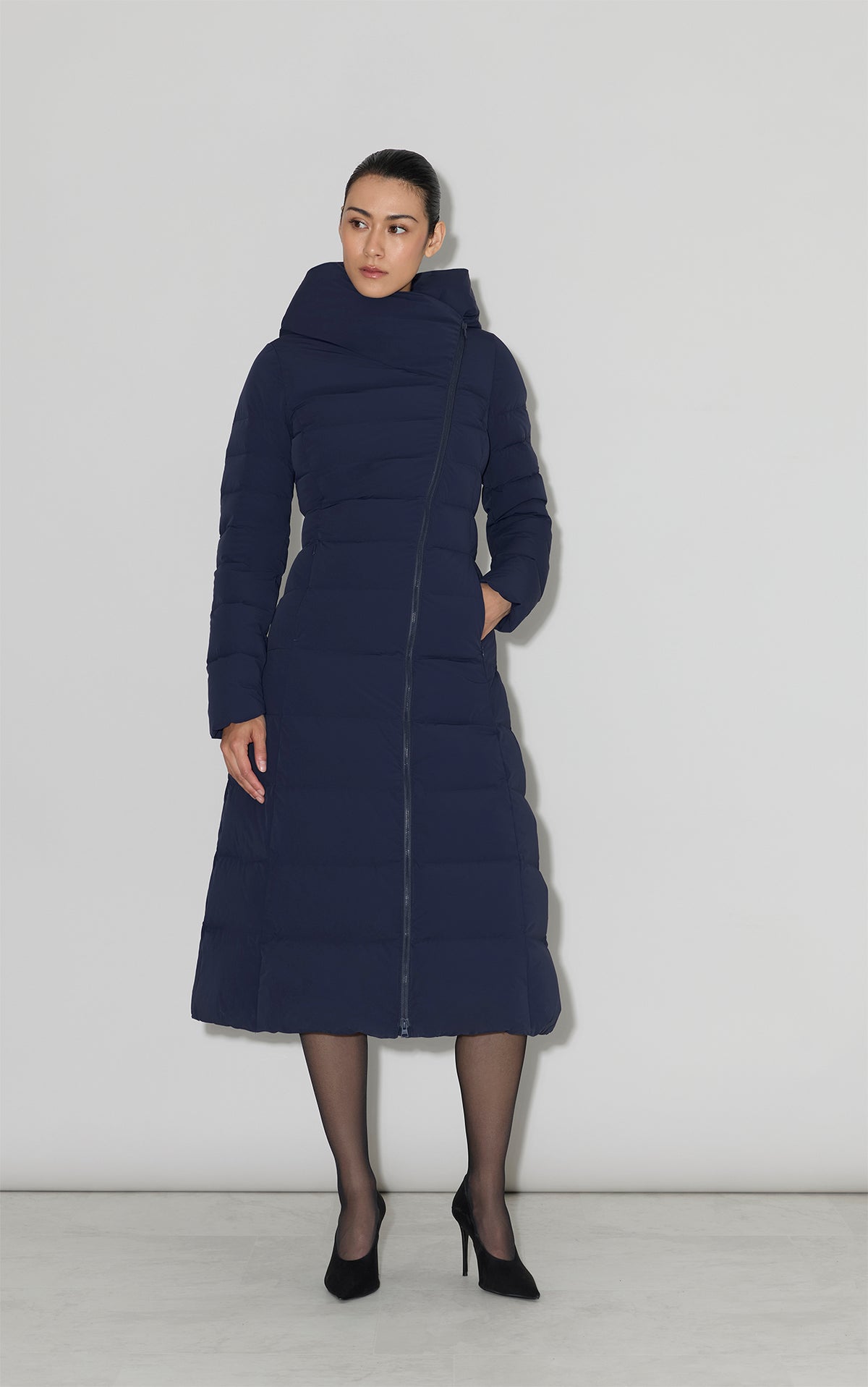 JUDY-L ASYMMETRIC STRETCH DOWN MAXI COAT