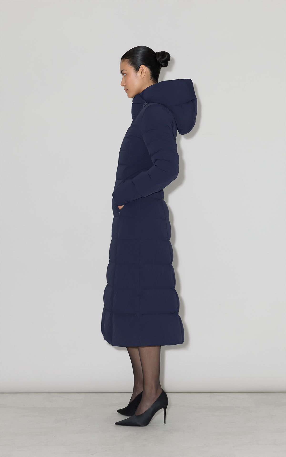 JUDY-L ASYMMETRIC STRETCH DOWN MAXI COAT