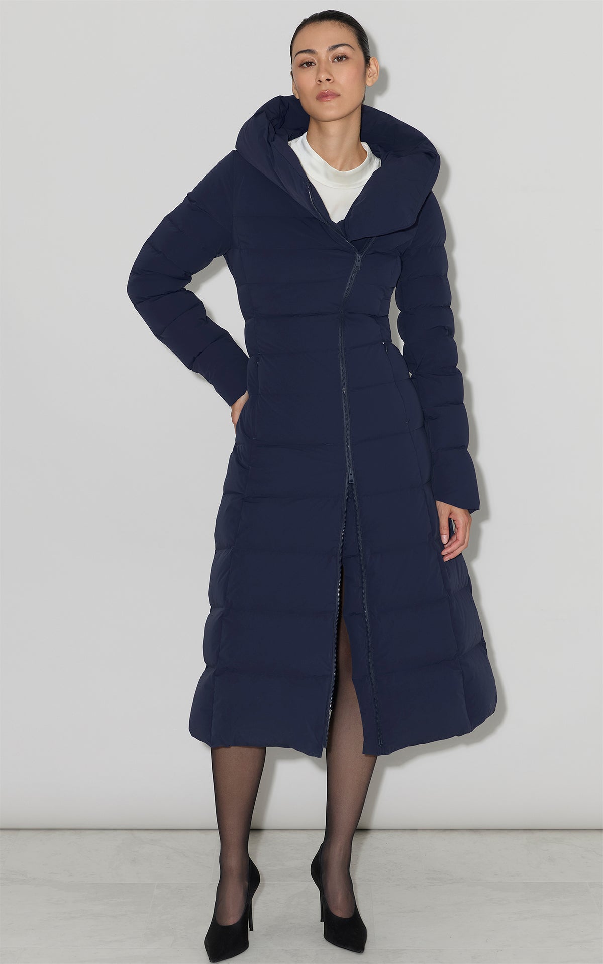JUDY-L ASYMMETRIC STRETCH DOWN MAXI COAT
