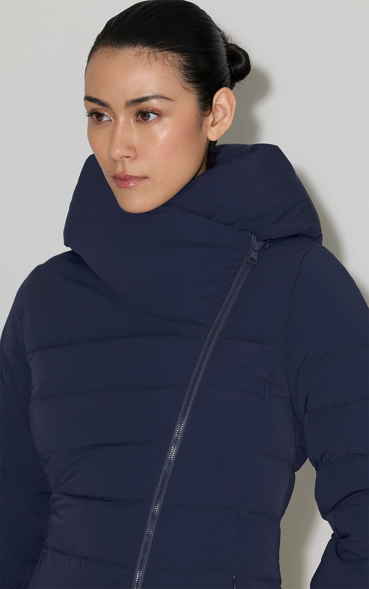 JUDY-L ASYMMETRIC STRETCH DOWN MAXI COAT