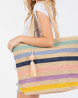 RAINBOW STRIPE STRAW TOTE WITH TASSEL