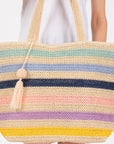 RAINBOW STRIPE STRAW TOTE WITH TASSEL