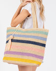 RAINBOW STRIPE STRAW TOTE WITH TASSEL