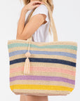 RAINBOW STRIPE STRAW TOTE WITH TASSEL