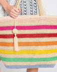 RAINBOW STRIPE STRAW TOTE WITH TASSEL