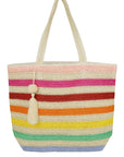 RAINBOW STRIPE STRAW TOTE WITH TASSEL