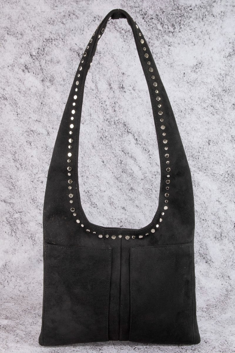 STUDDED FAUX SUEDE SHOULDER BAG