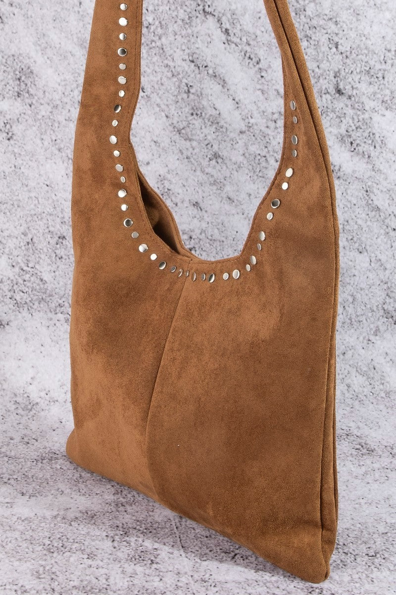 STUDDED FAUX SUEDE SHOULDER BAG
