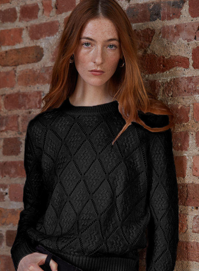 DIAMOND STITCH POINTELLE CREW NECK SWEATER