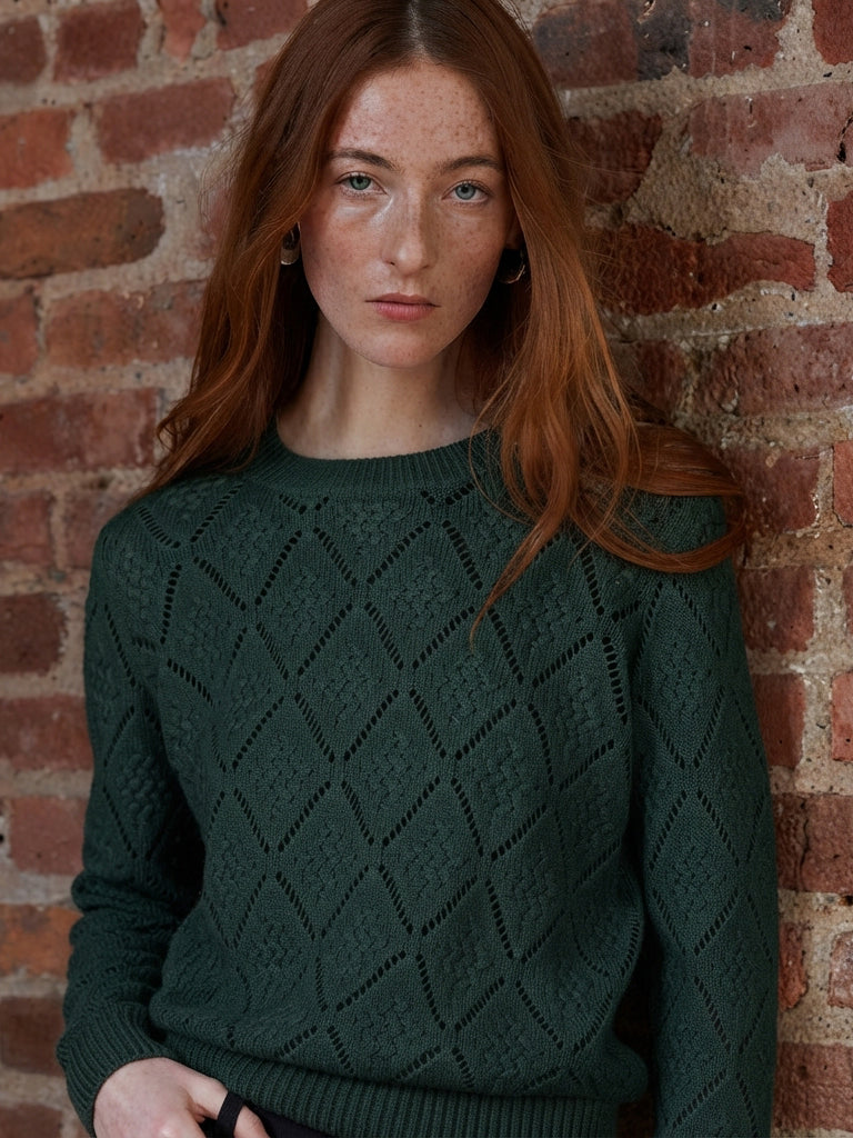 DIAMOND STITCH POINTELLE CREW NECK SWEATER