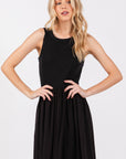 RIBBED SLEEVELESS BODICE WITH CONTRAST SKIRT MIDI DRESS