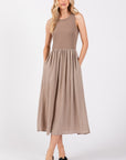 RIBBED SLEEVELESS BODICE WITH CONTRAST SKIRT MIDI DRESS