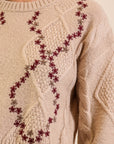 EMBROIDERED FLOWERS CABLE KNIT SWEATERS