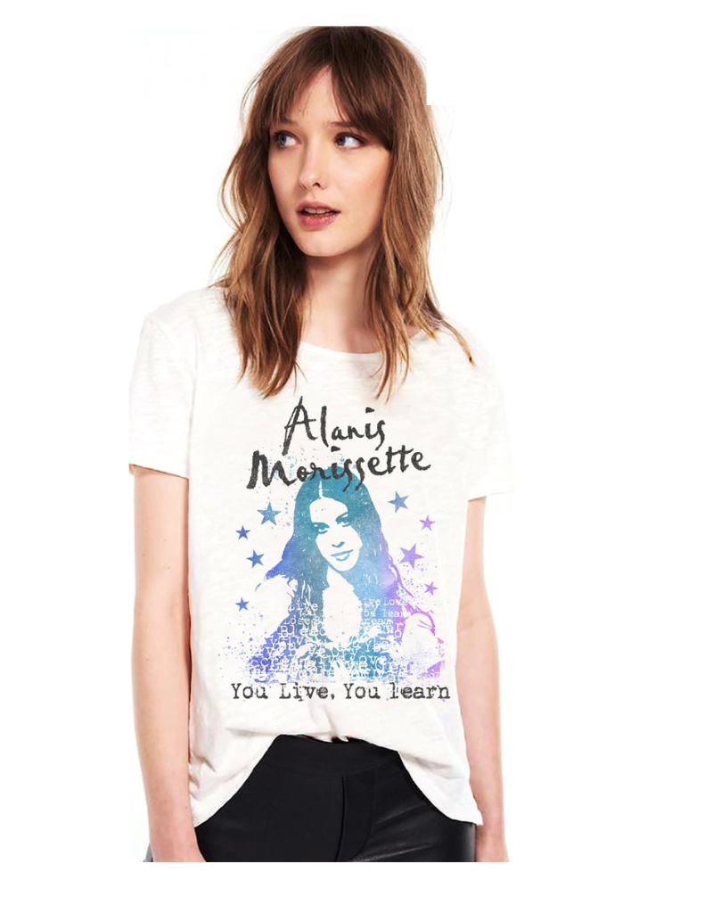 model wearing prince peter alanis morissette you live you learn graphic tee