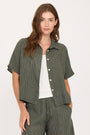 PINSTRIPED SHORT SLEEVE LINEN BLOUSE