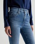 close up of the front of ag jeans farrah boot cut jean in montecito blue, showing front pockets