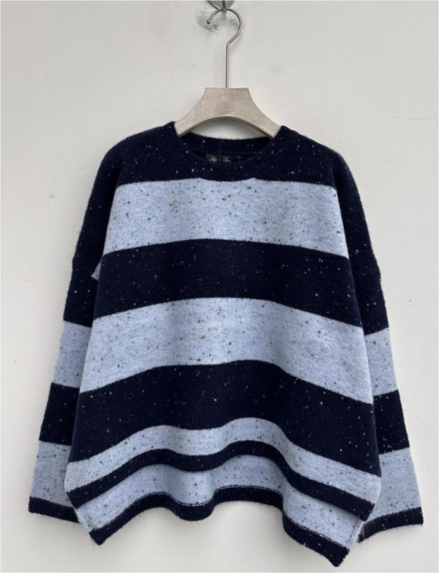 lyla &amp; luxe ravian navy and light blue stripe sweater on a hanger