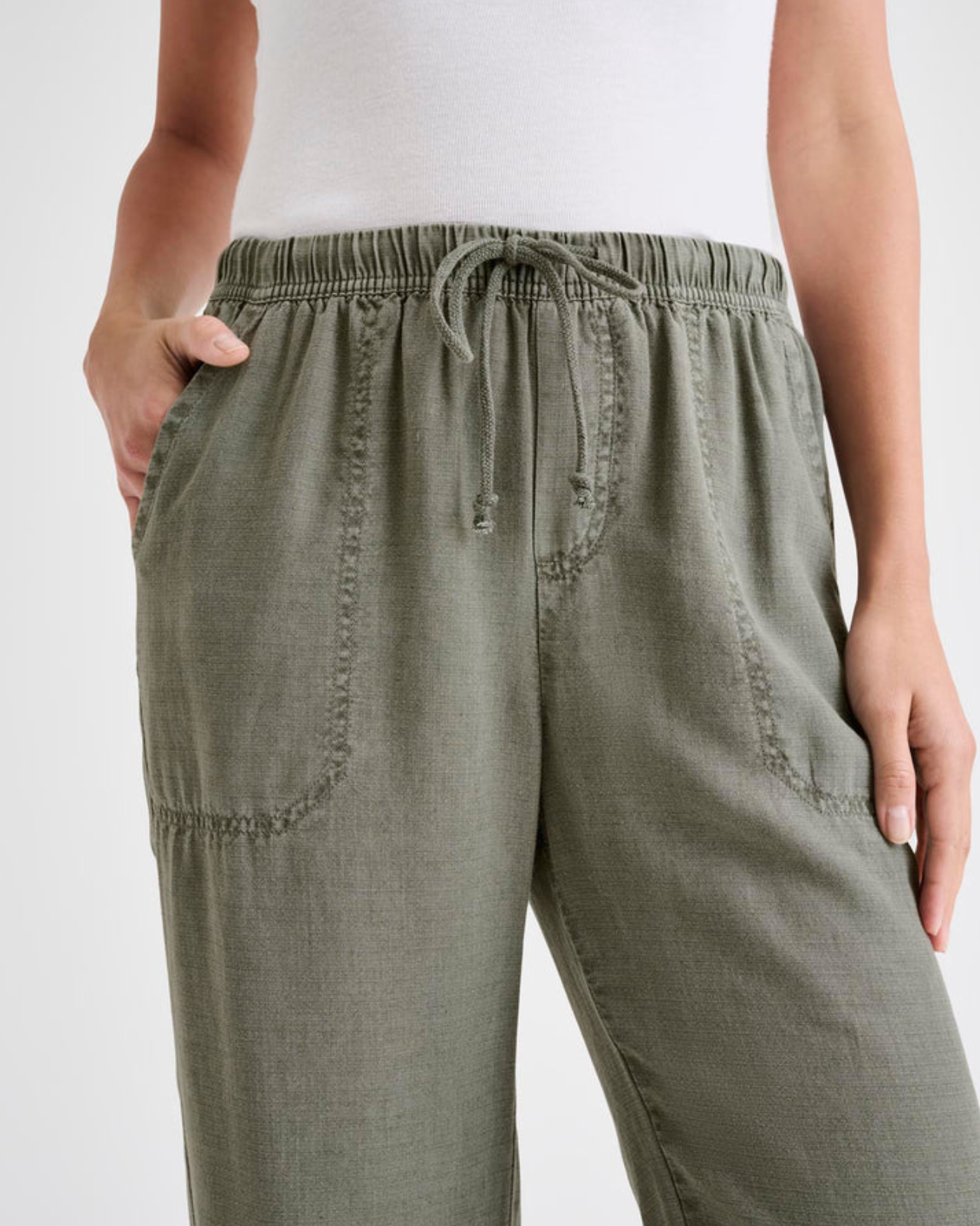 splendid angie pant in vintage olive, detail view of waist and pockets