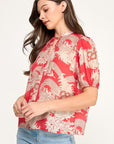 FLORAL & LACE PRINT TIE NECK PUFF SLEEVE BLOUSE