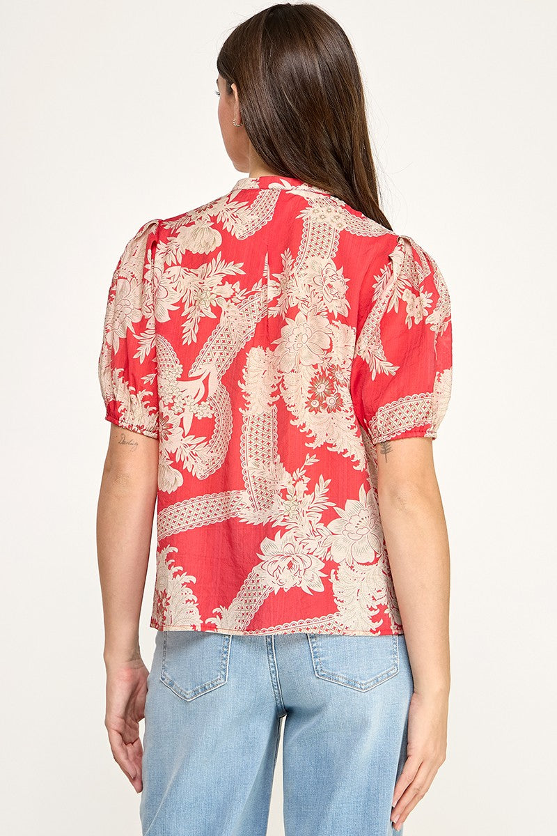 FLORAL &amp; LACE PRINT TIE NECK PUFF SLEEVE BLOUSE