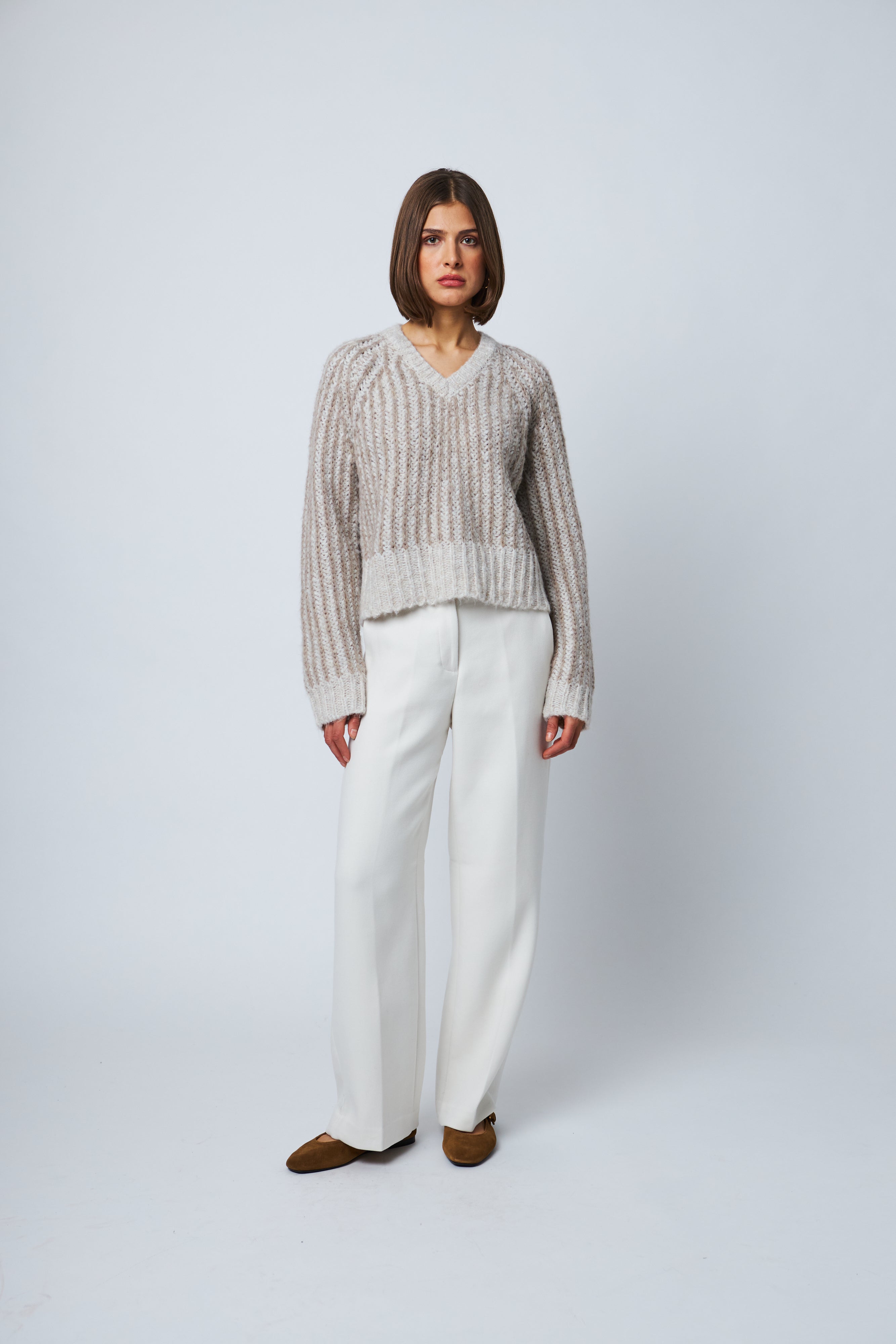 SYBIL VERTICAL STRIPE V-NECK SWEATER