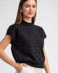 RHINESTONE MOCK NECK SHORT SLEEVE SWEATER