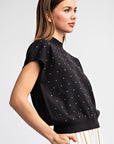 RHINESTONE MOCK NECK SHORT SLEEVE SWEATER