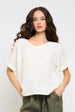 SHORT SLEEVE V-NECK LINEN & WOVEN TOP