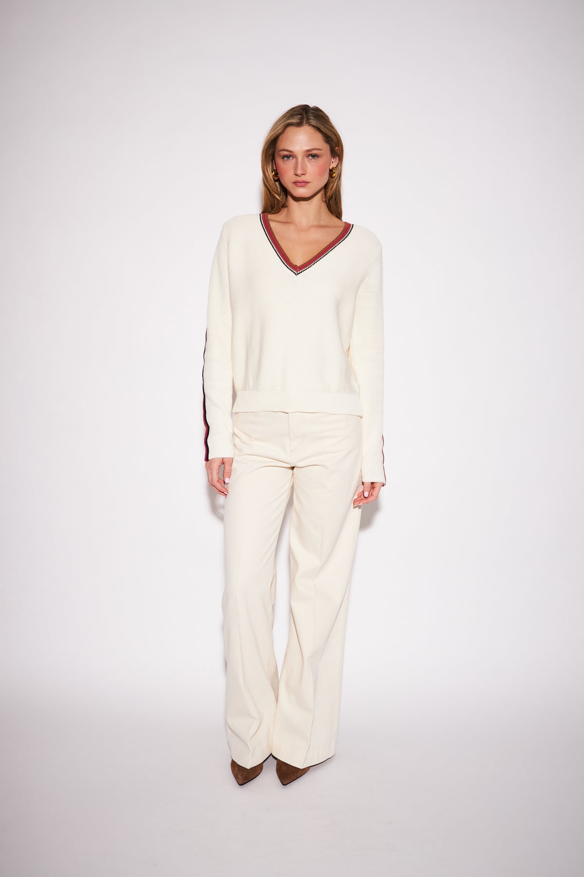 TRUETT STRIPED SLEEVE V-NECK SWEATER