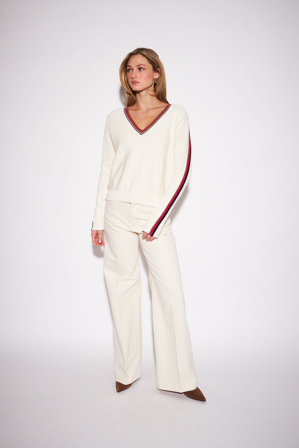 TRUETT STRIPED SLEEVE V-NECK SWEATER