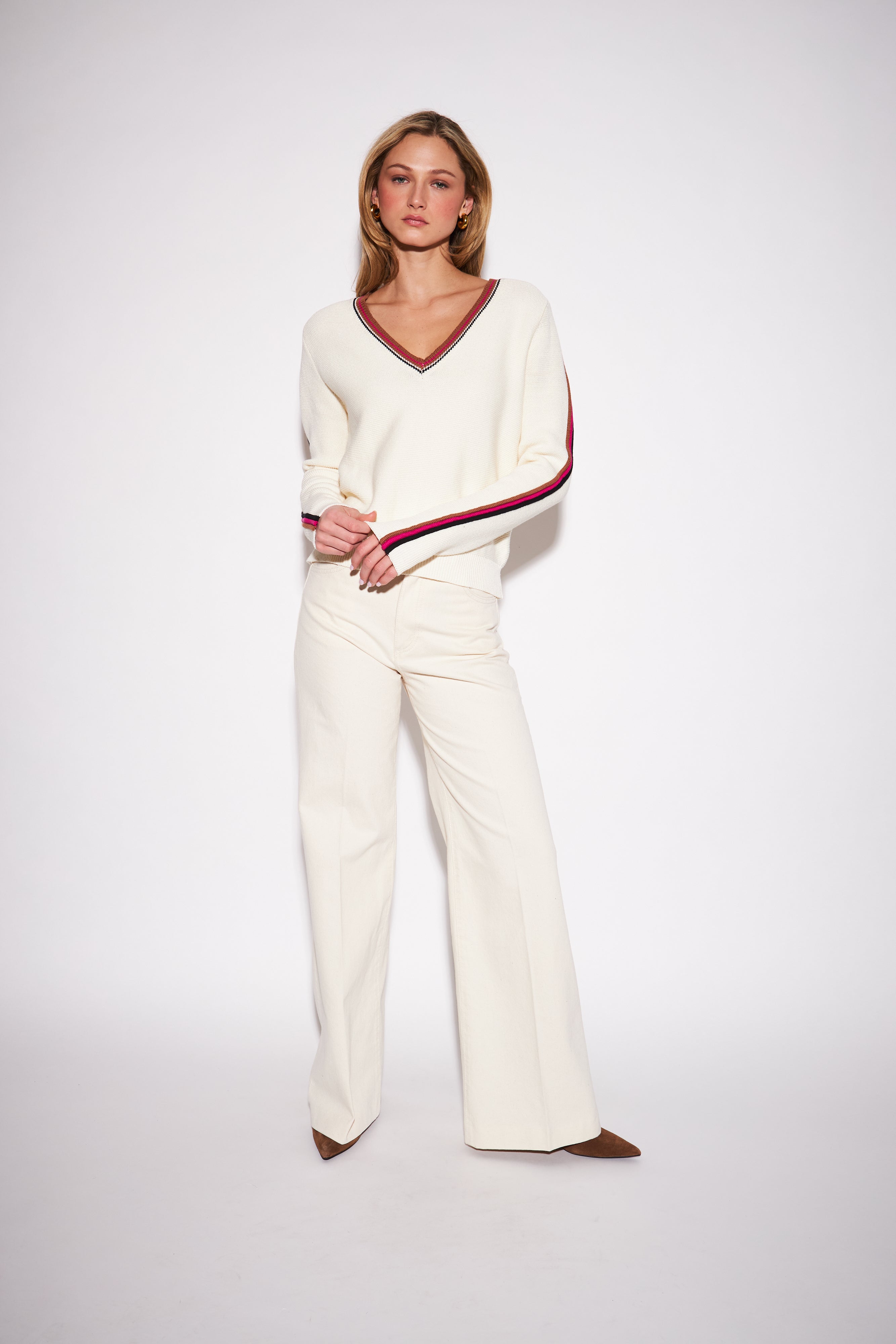 TRUETT STRIPED SLEEVE V-NECK SWEATER