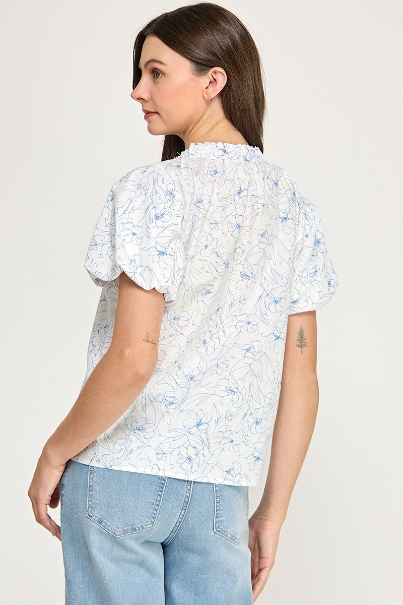 SKETCHED FLORAL SPLIT NECK PUFF SLEEVE BLOUSE