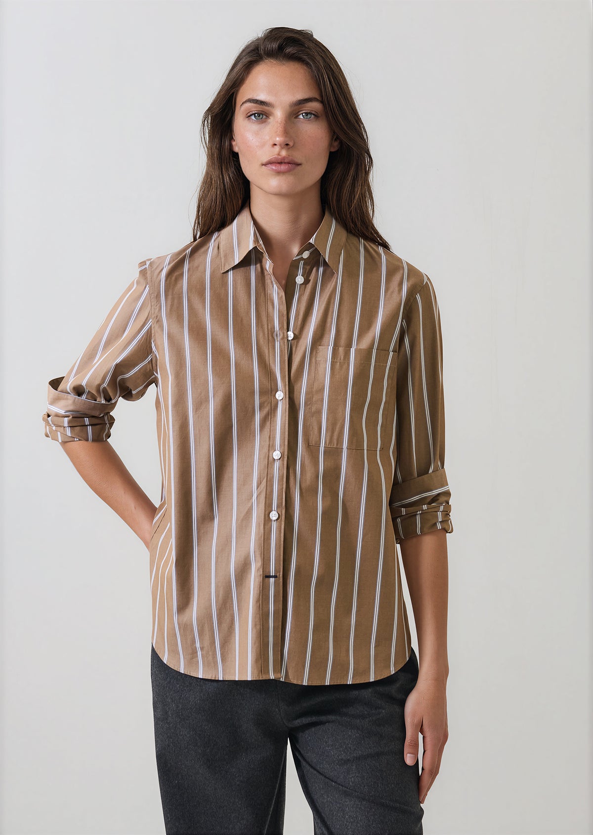 LONG SLEEVE COTTON BOYFRIEND STRIPED POCKET SHIRT