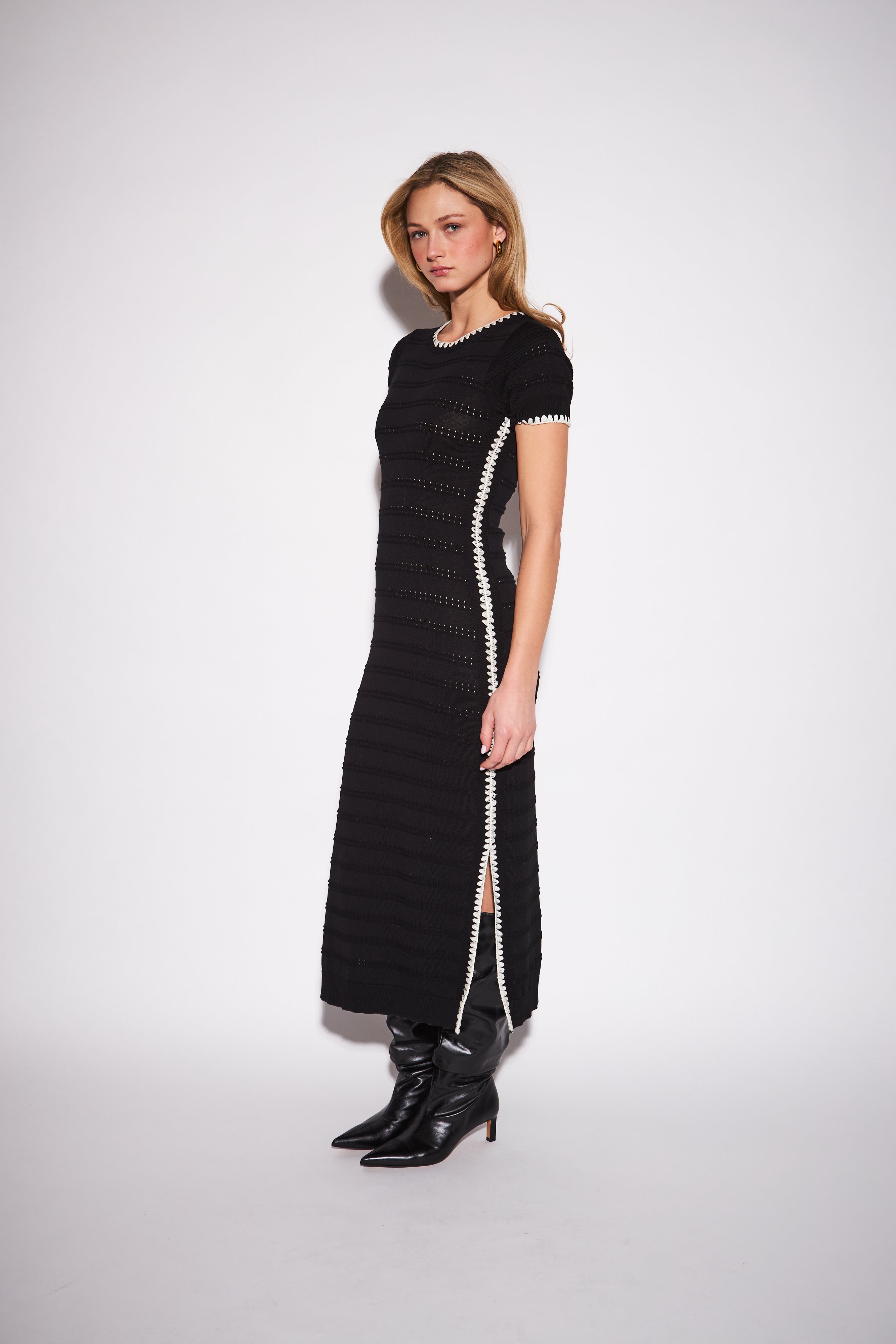WARREN EMBROIDERED TRIM OPEN KNIT DRESS