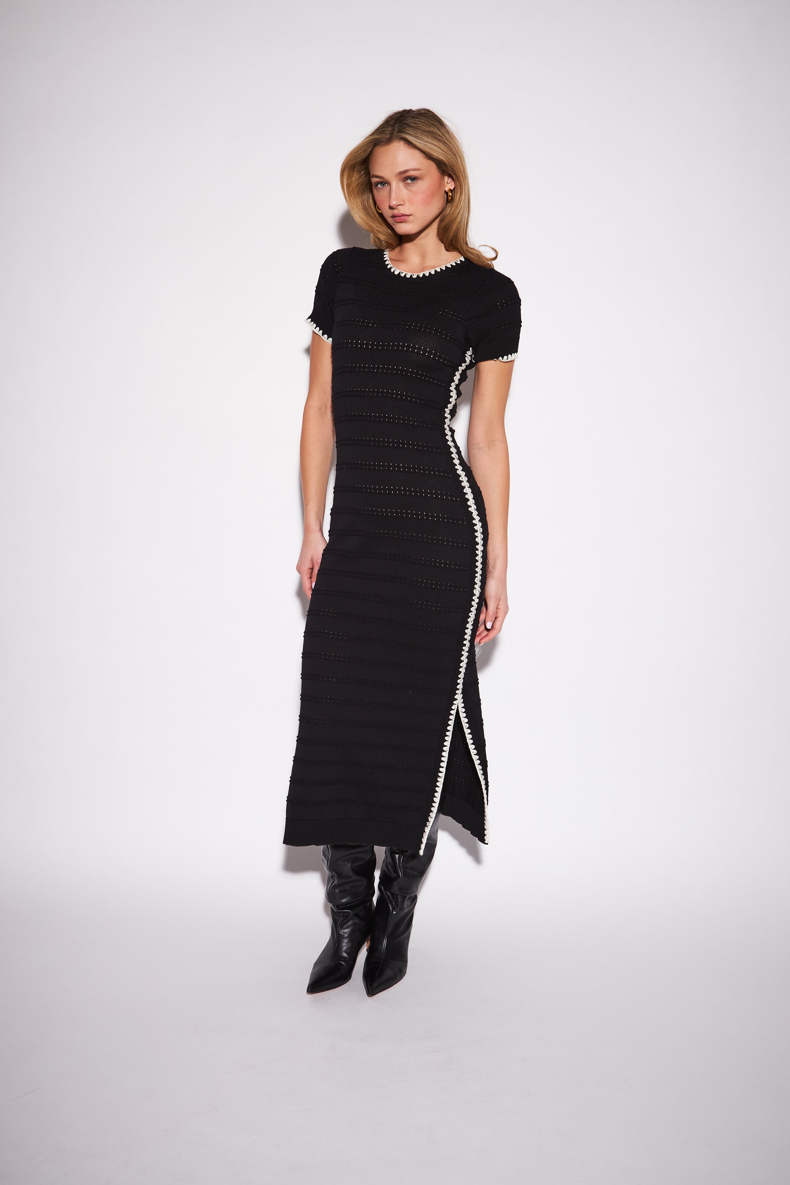 WARREN EMBROIDERED TRIM OPEN KNIT DRESS