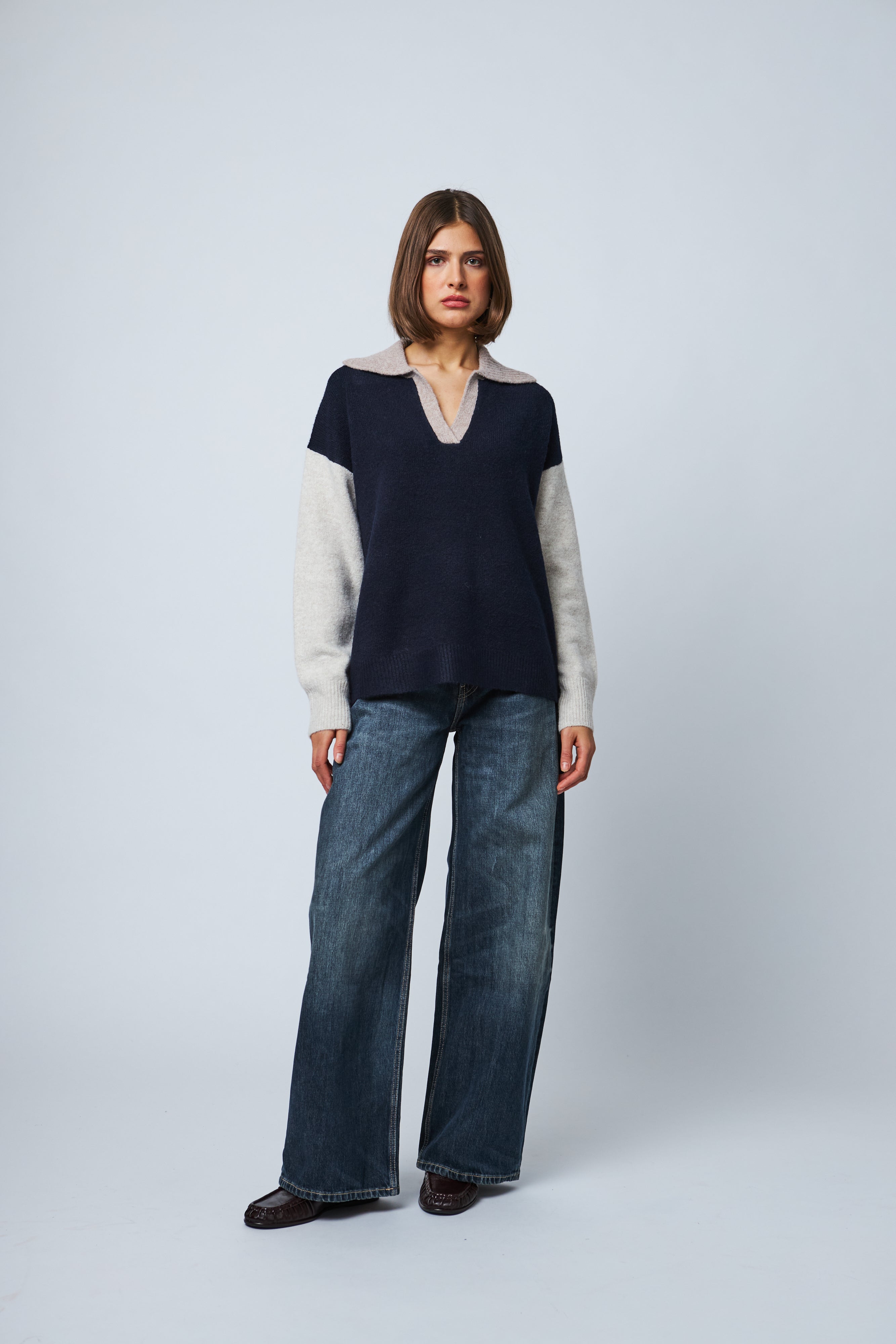 RAELYN COLOUR BLOCK JOHNNY COLLAR SWEATER