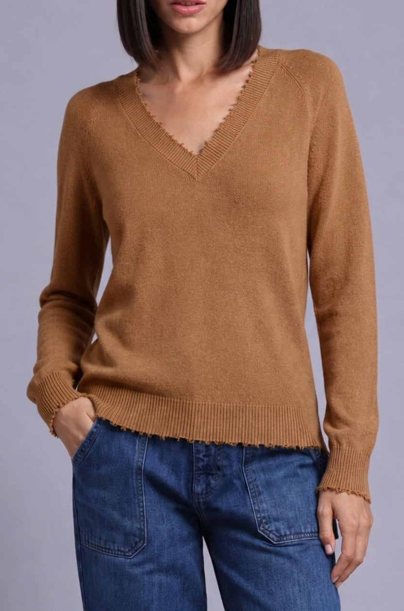 COTTON CASHMERE FRAY EDGE V-NECK SWEATER