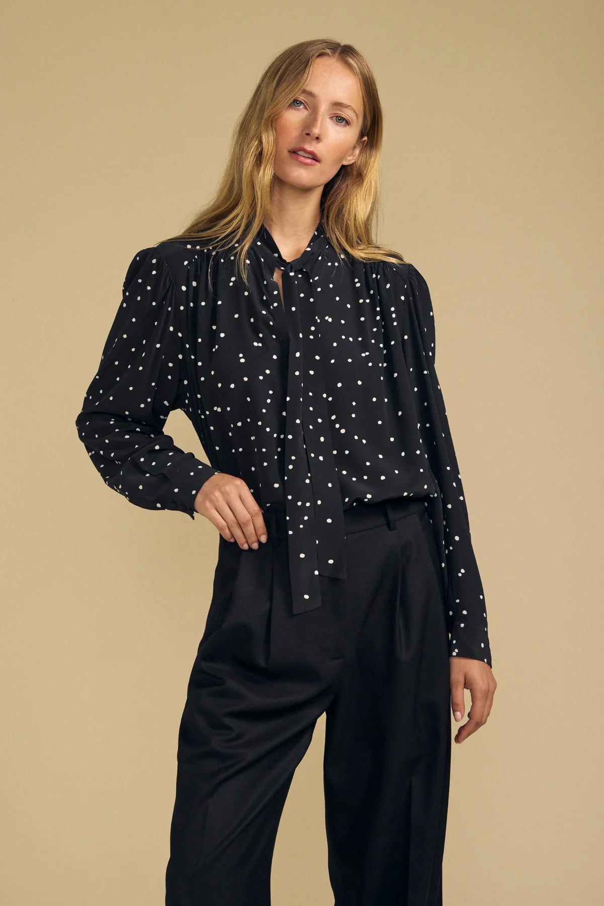 ALMA SILK POLKA DOT TIE NECK BLOUSE