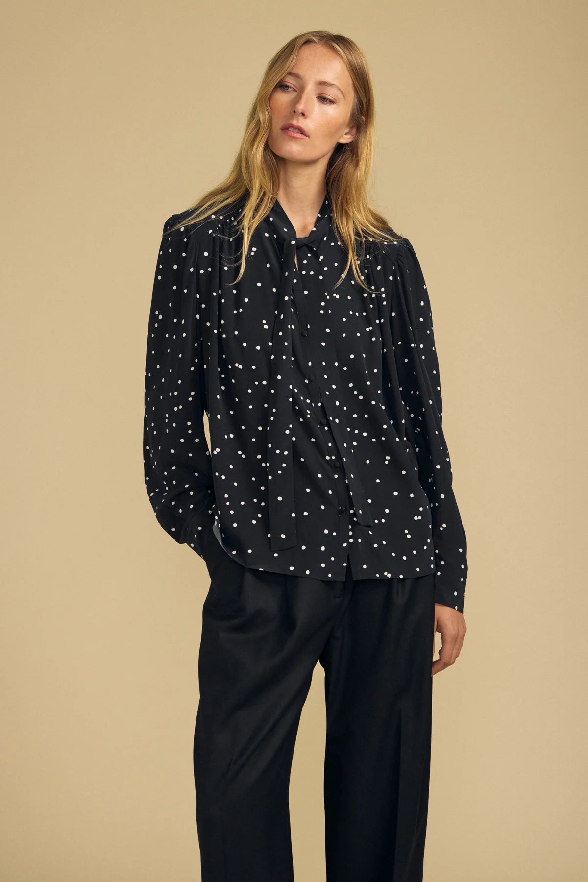 ALMA SILK POLKA DOT TIE NECK BLOUSE