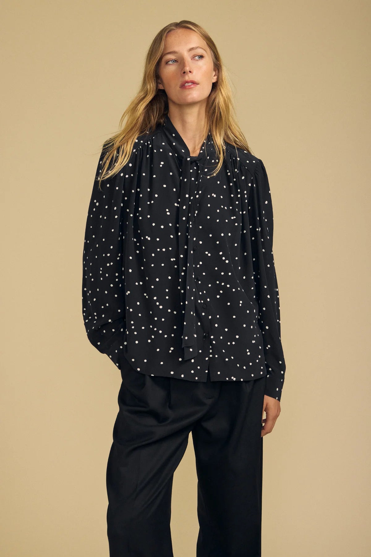 ALMA SILK POLKA DOT TIE NECK BLOUSE