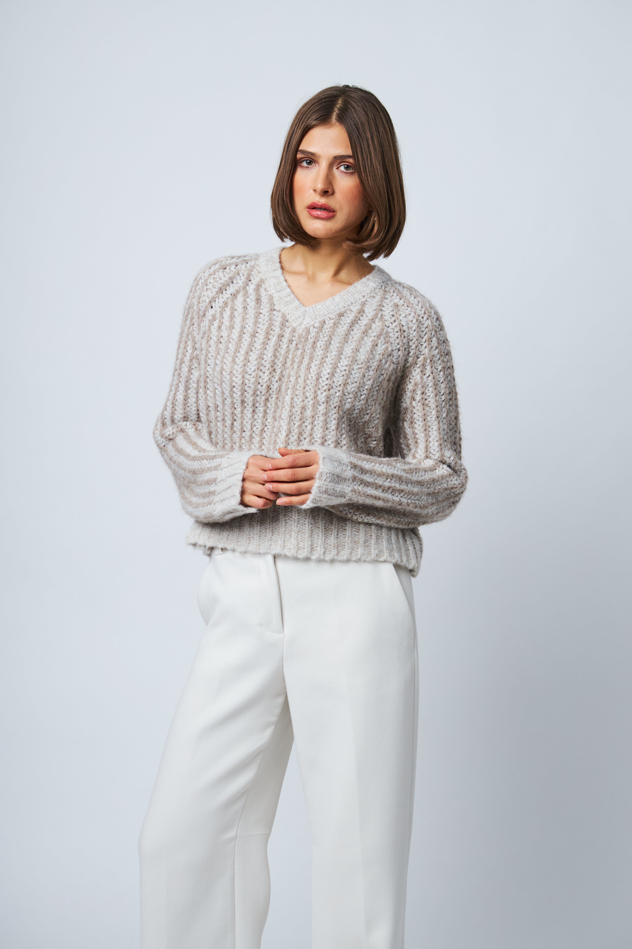 SYBIL VERTICAL STRIPE V-NECK SWEATER