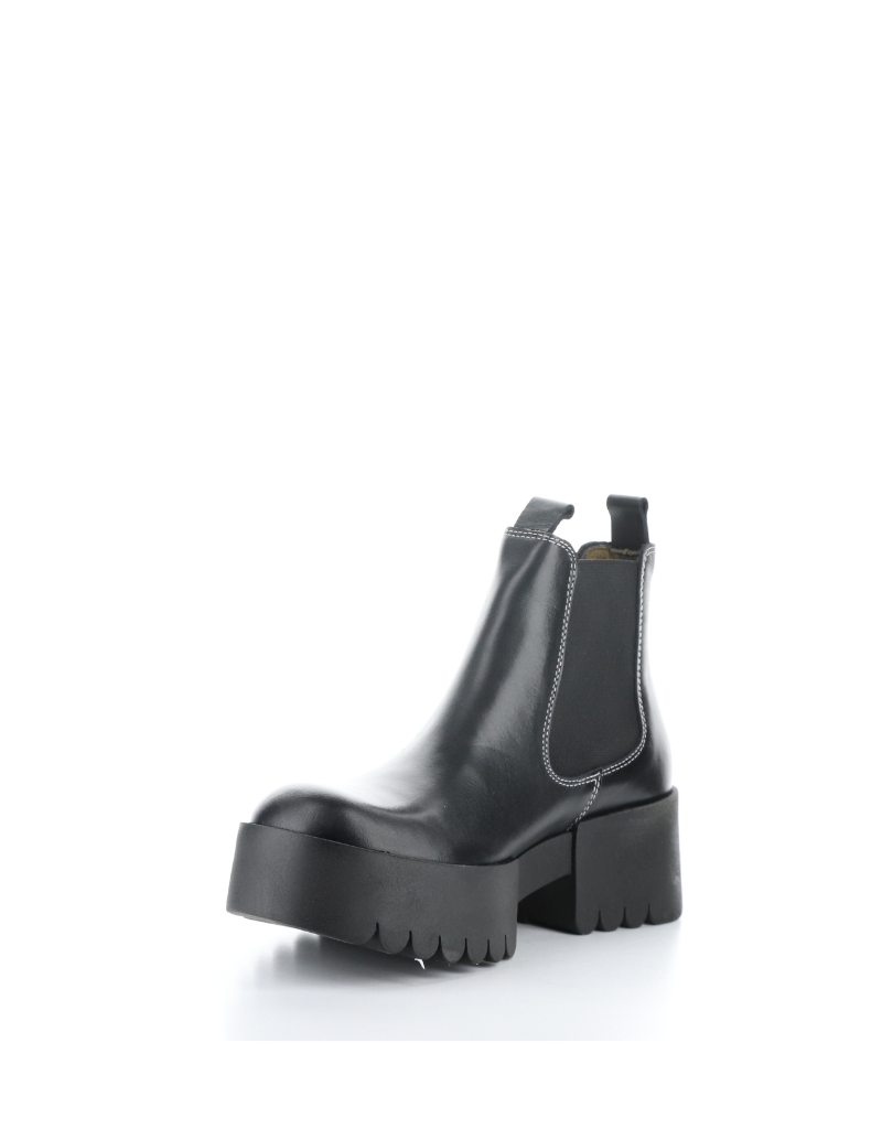 fly london exia lug sole chelsea boot in black, front angled view