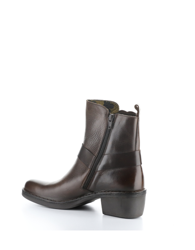 fly london mebi motorcycle boot in brown, left angled view