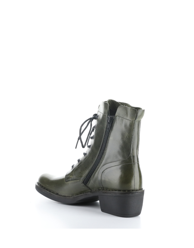 fly london milu lace up booty in olive green, left angled view