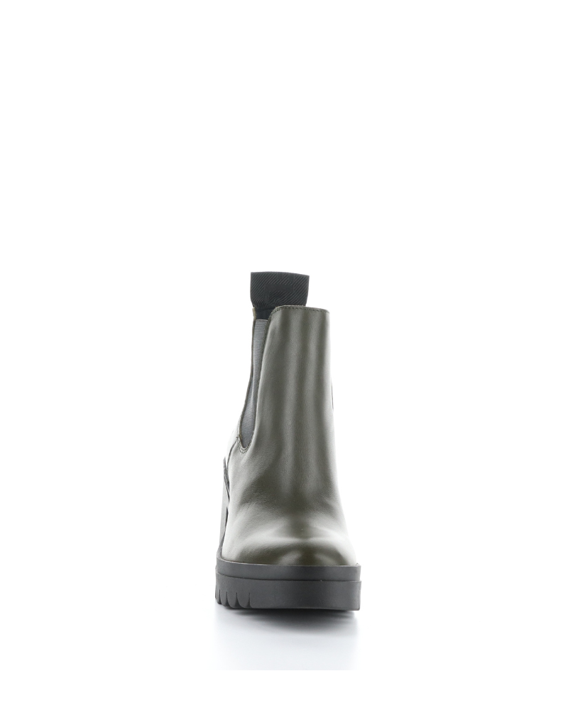 fly london tope lug sole heeled chelsea boot in olive, front view 