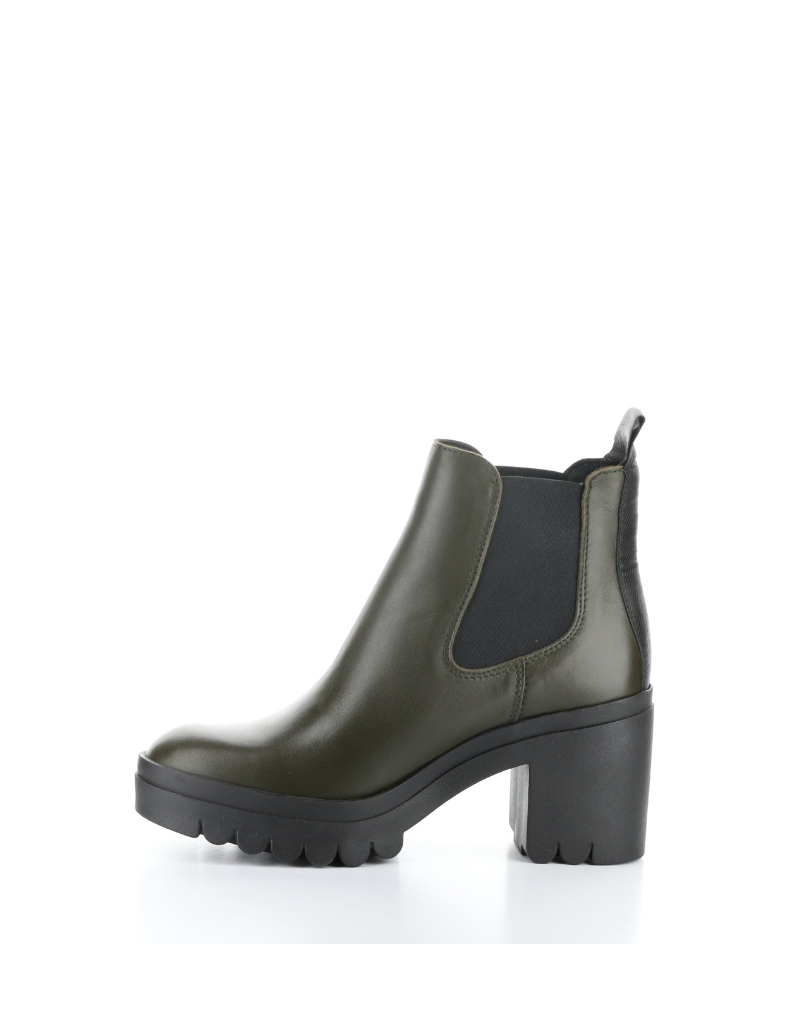 fly london tope lug sole heeled chelsea boot in olive, left side view 